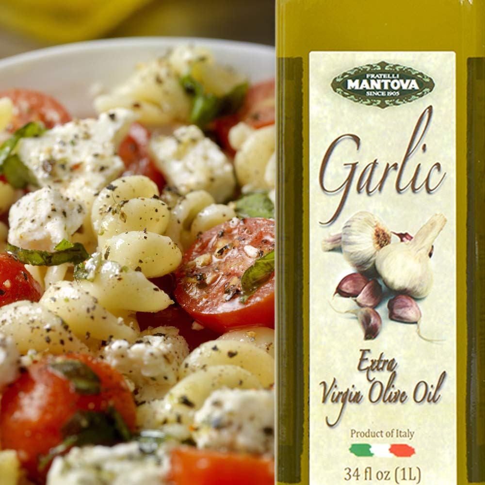 Mantova Garlic EVOO – Cold-Pressed Italian Extra Virgin Olive Oil, 34 oz Glass Bottles (Pack of 2)