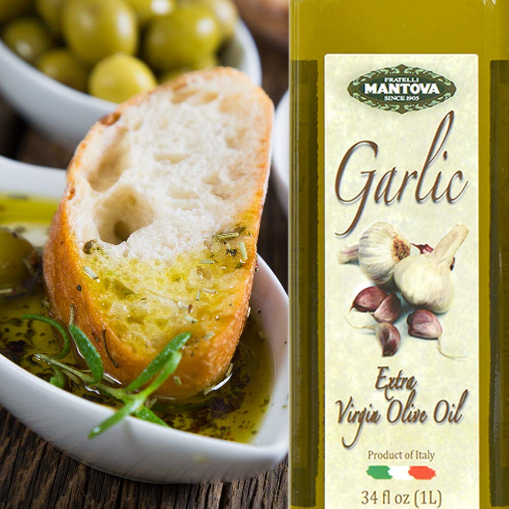 Mantova Garlic EVOO – Cold-Pressed Italian Extra Virgin Olive Oil, 34 oz Glass Bottles (Pack of 2)
