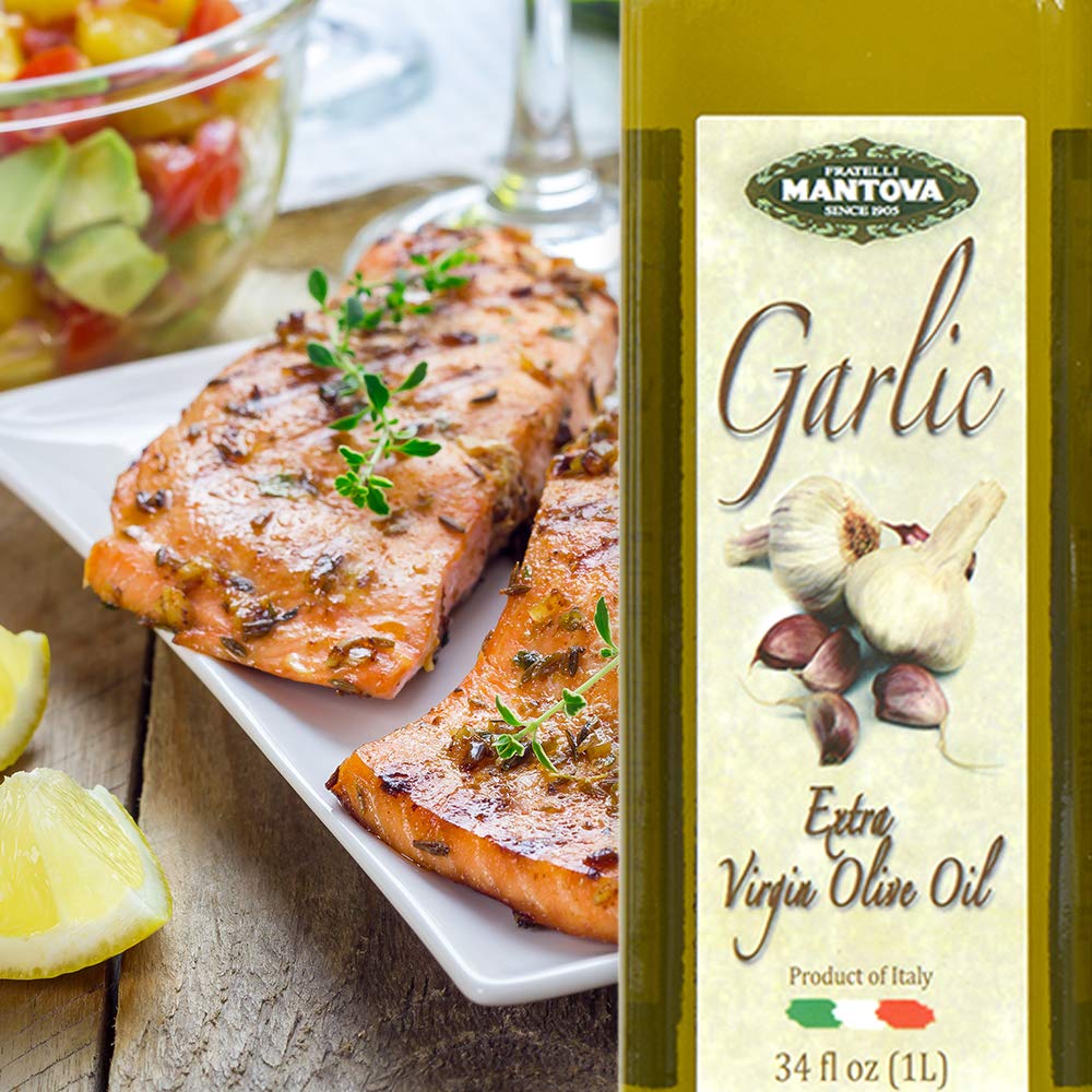 Mantova Garlic EVOO – Cold-Pressed Italian Extra Virgin Olive Oil, 34 oz Glass Bottles (Pack of 2)