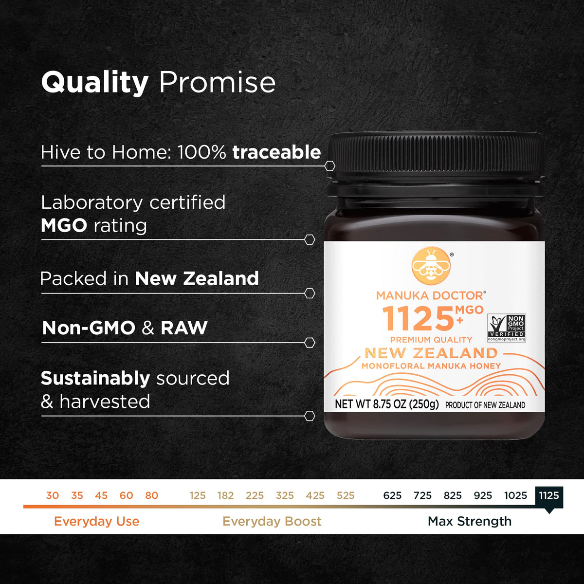 Manuka Doctor MGO 1125+ Monofloral Honey – 8.75 oz, Pure NZ Raw Non-GMO
