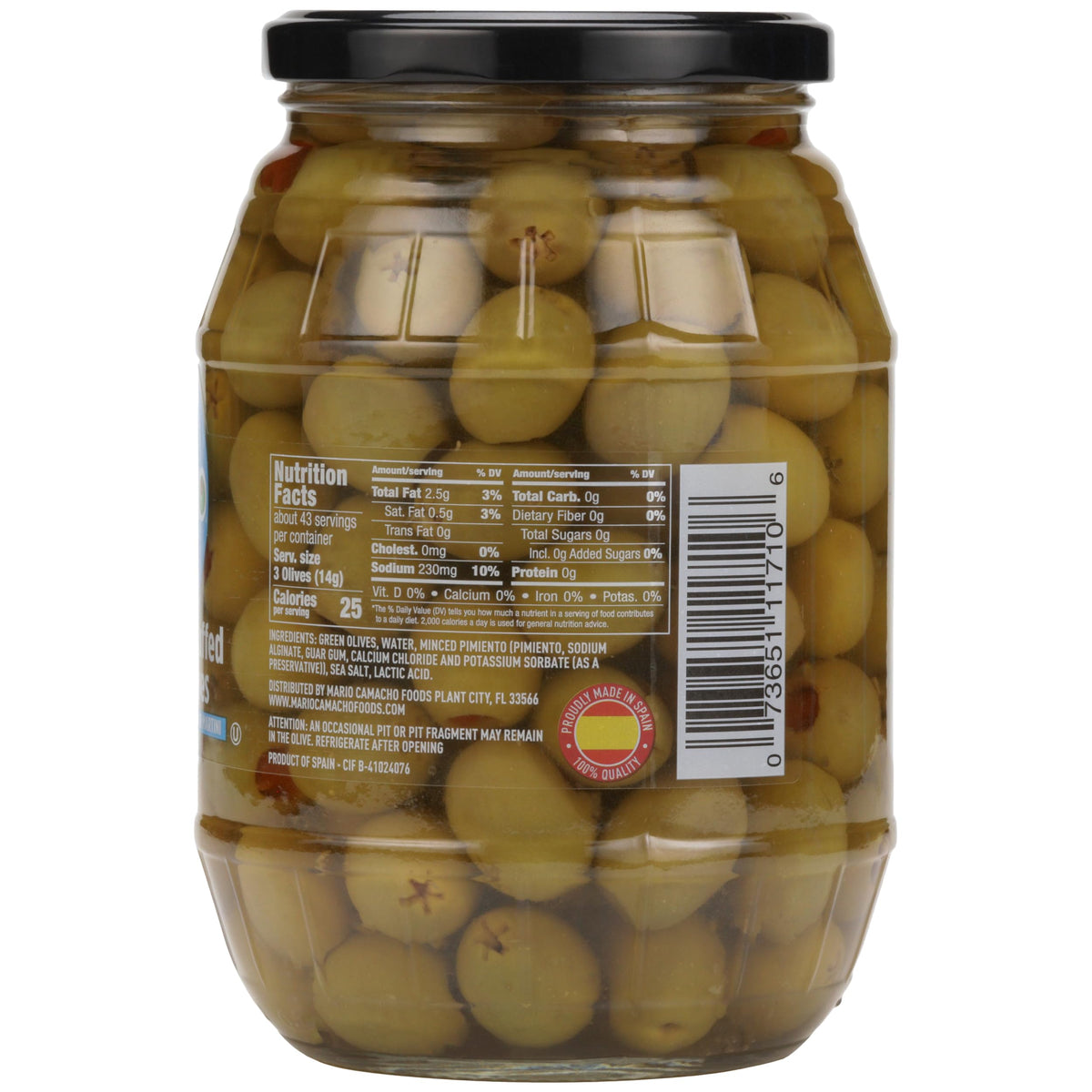 Mario Camacho Foods Pimiento Stuffed Green Manzanilla Spanish Olives - 21-ounce Pack of 6