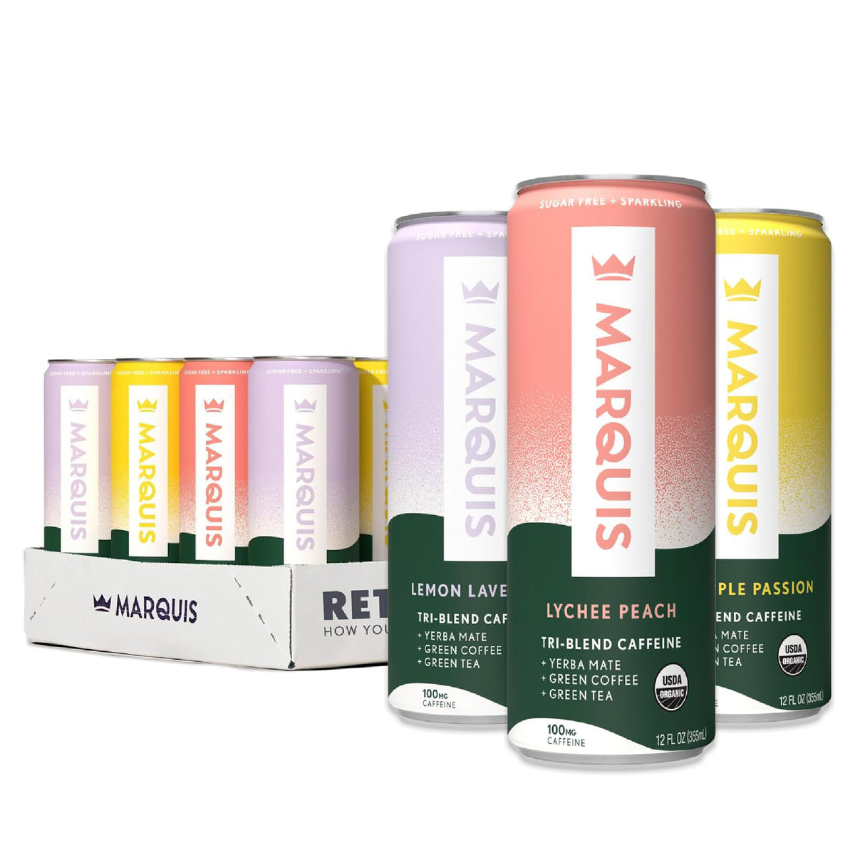 Marquis Natural Energy Drinks – Sugar Free, 100mg Caffeine, Plant-Based (12 Cans)