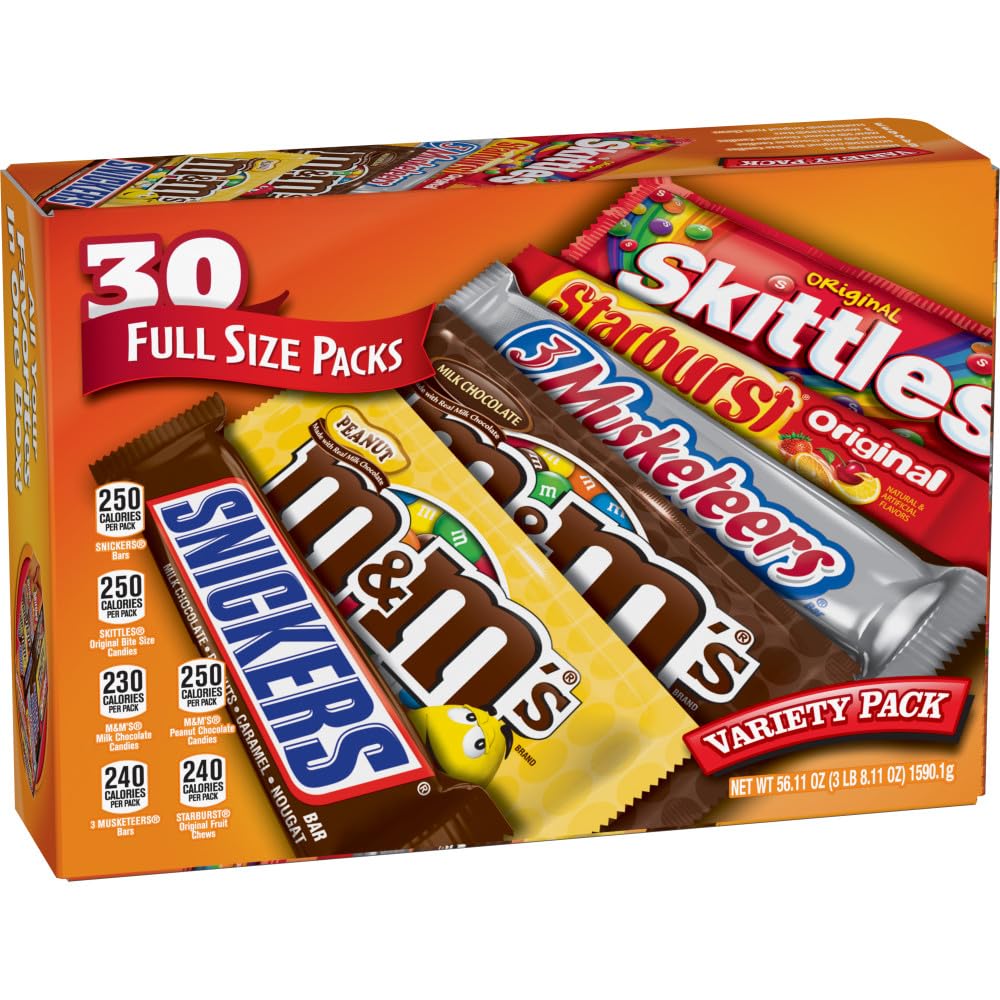Mars Variety Pack — M&M'S, SNICKERS, 3 MUSKETEERS, SKITTLES & STARBURST, 30 Full-Size Bars (56.11 oz)