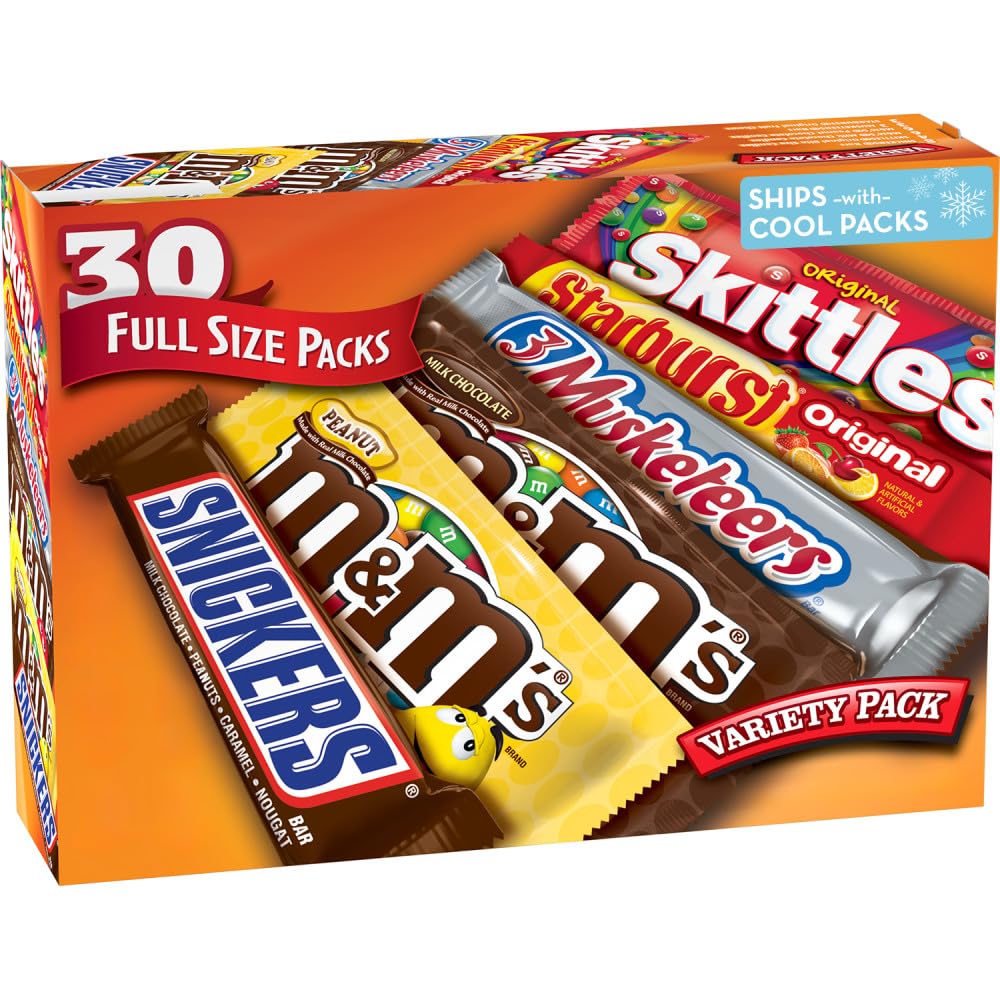 Mars Variety Pack — M&M'S, SNICKERS, 3 MUSKETEERS, SKITTLES & STARBURST, 30 Full-Size Bars (56.11 oz)
