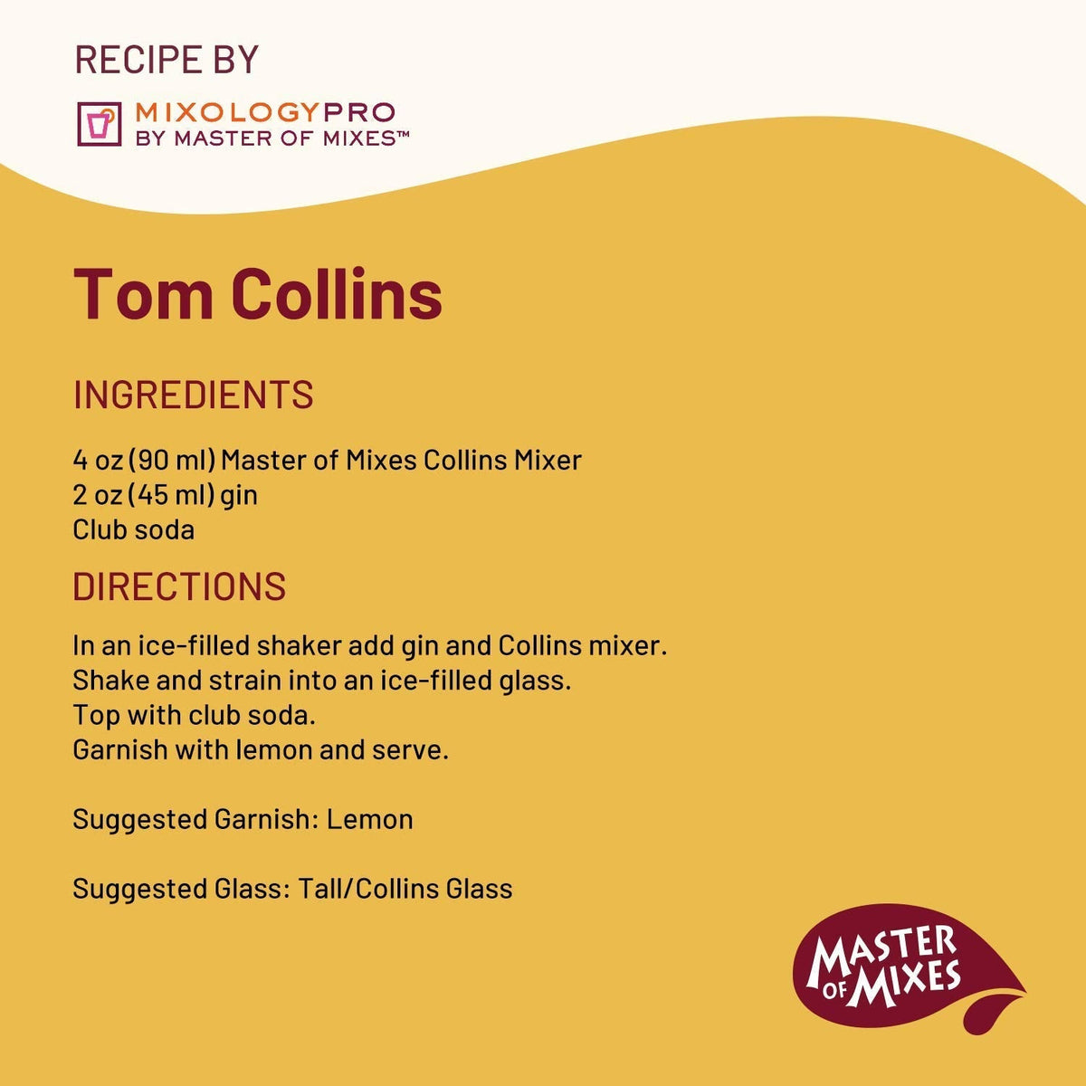 Master of Mixes Collins Drink Mix – Ready-to-Use 1L Bottles, Pack of 6