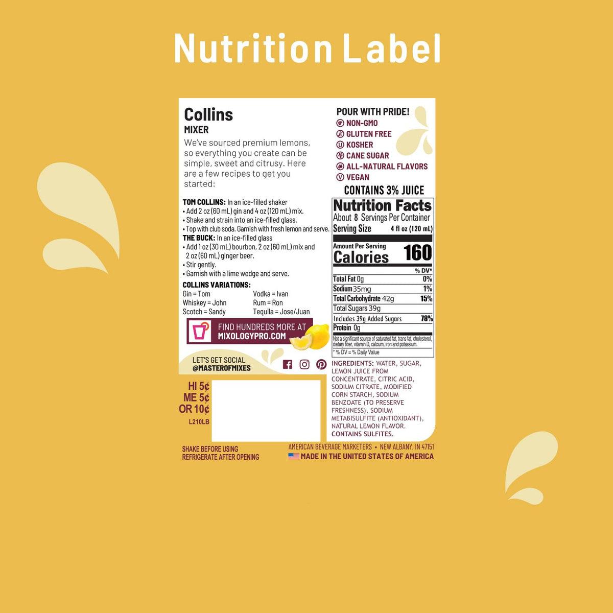 Master of Mixes Collins Drink Mix – Ready-to-Use 1L Bottles, Pack of 6