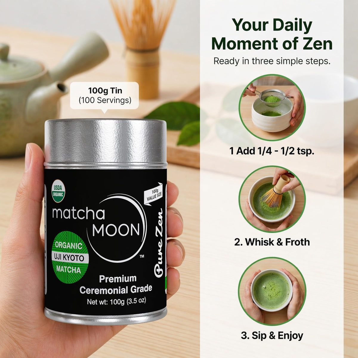 Matcha Moon Pure Zen Ceremonial Grade Matcha Powder – USDA Organic, Uji Kyoto, 100g Tin