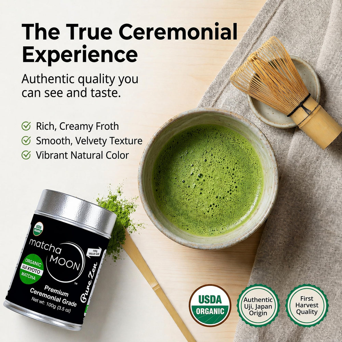 Matcha Moon Pure Zen Ceremonial Grade Matcha Powder – USDA Organic, Uji Kyoto, 100g Tin