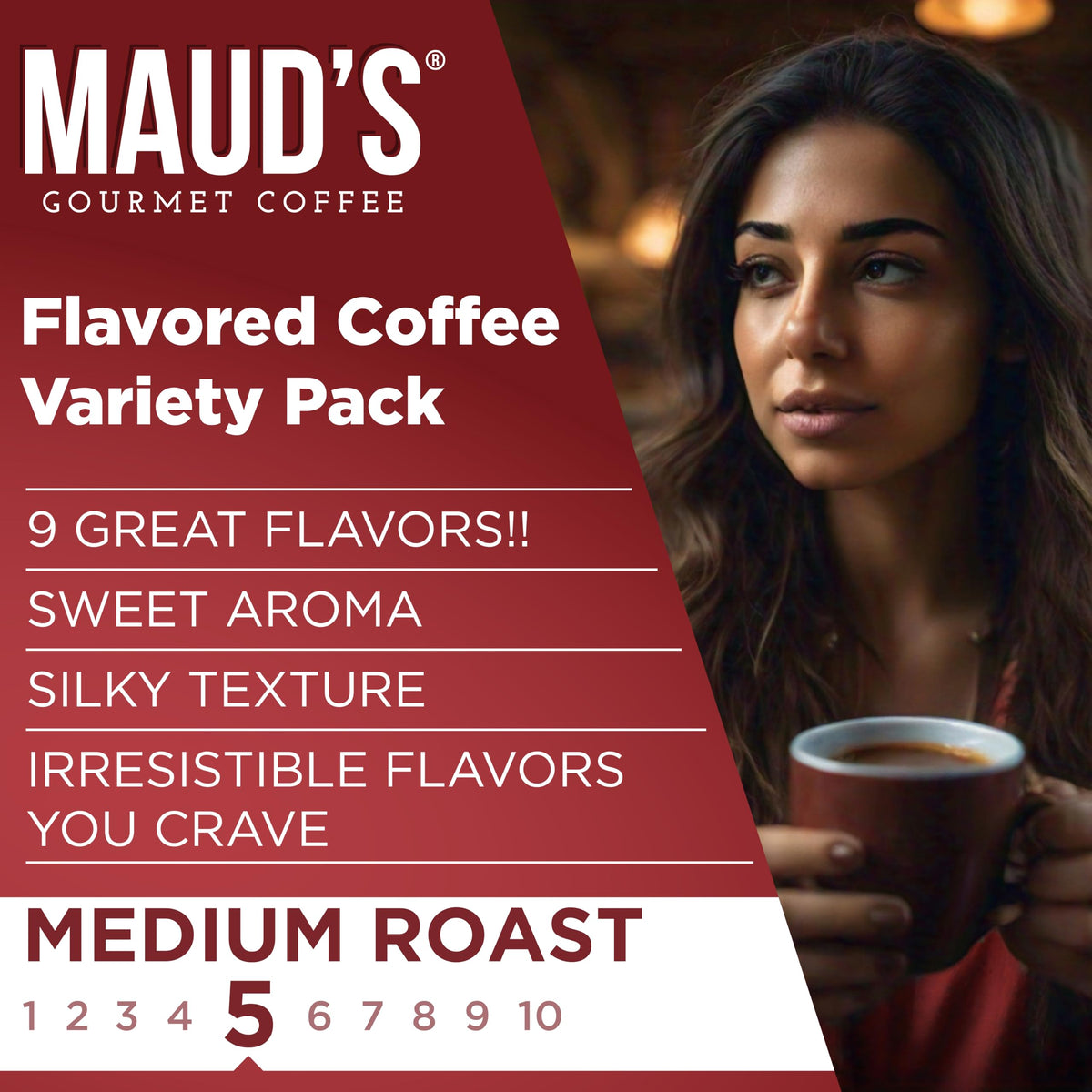 Maud's Flavored Coffee Pods Variety Pack – 40 K-Cups, 9 Flavors, Medium Roast