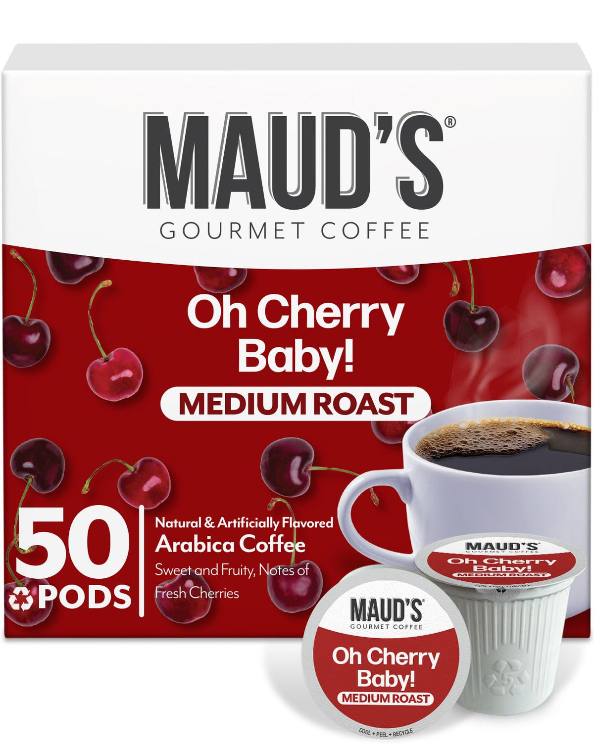 Maud's Cherry Flavored Coffee Pods - 50 Count, Medium Roast, 100% Arabica, Keurig Compatible