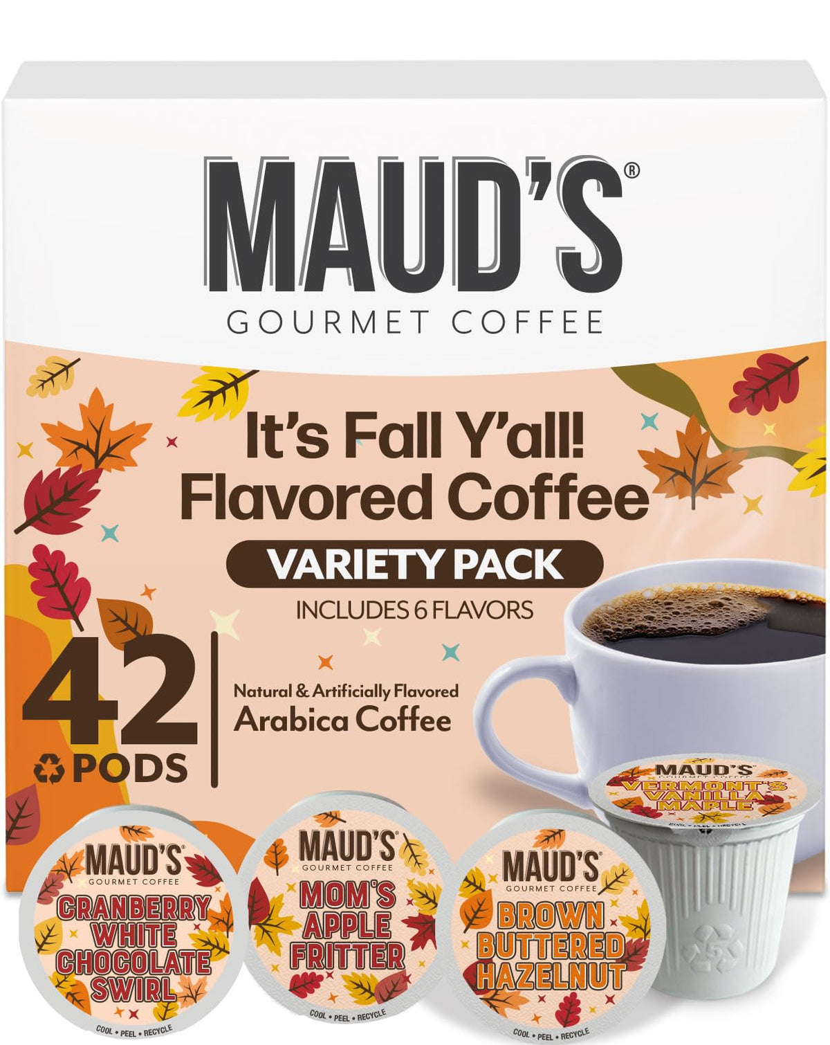 Maud's Fall Flavored Coffee Pods Variety Pack – 42ct, 6 Flavors, Medium Roast, 100% Arabica, Keurig Compatible