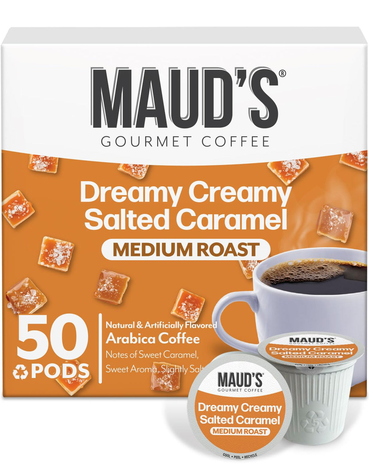 Maud's Salted Caramel Flavored Coffee Pods – 50ct, Medium Roast, 100% Arabica, Keurig K-Cup Compatible
