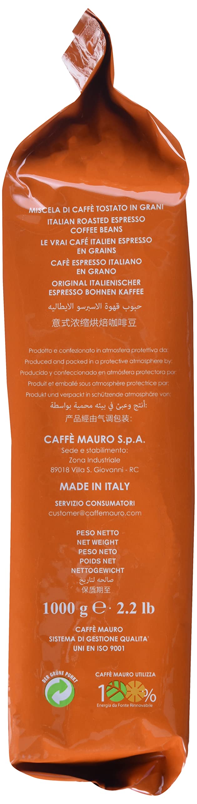 Caffè Mauro Mauro De Luxe – Italian Roasted Coffee Beans, 2.2 lb Bag (70% Arabica / 30% Robusta)
