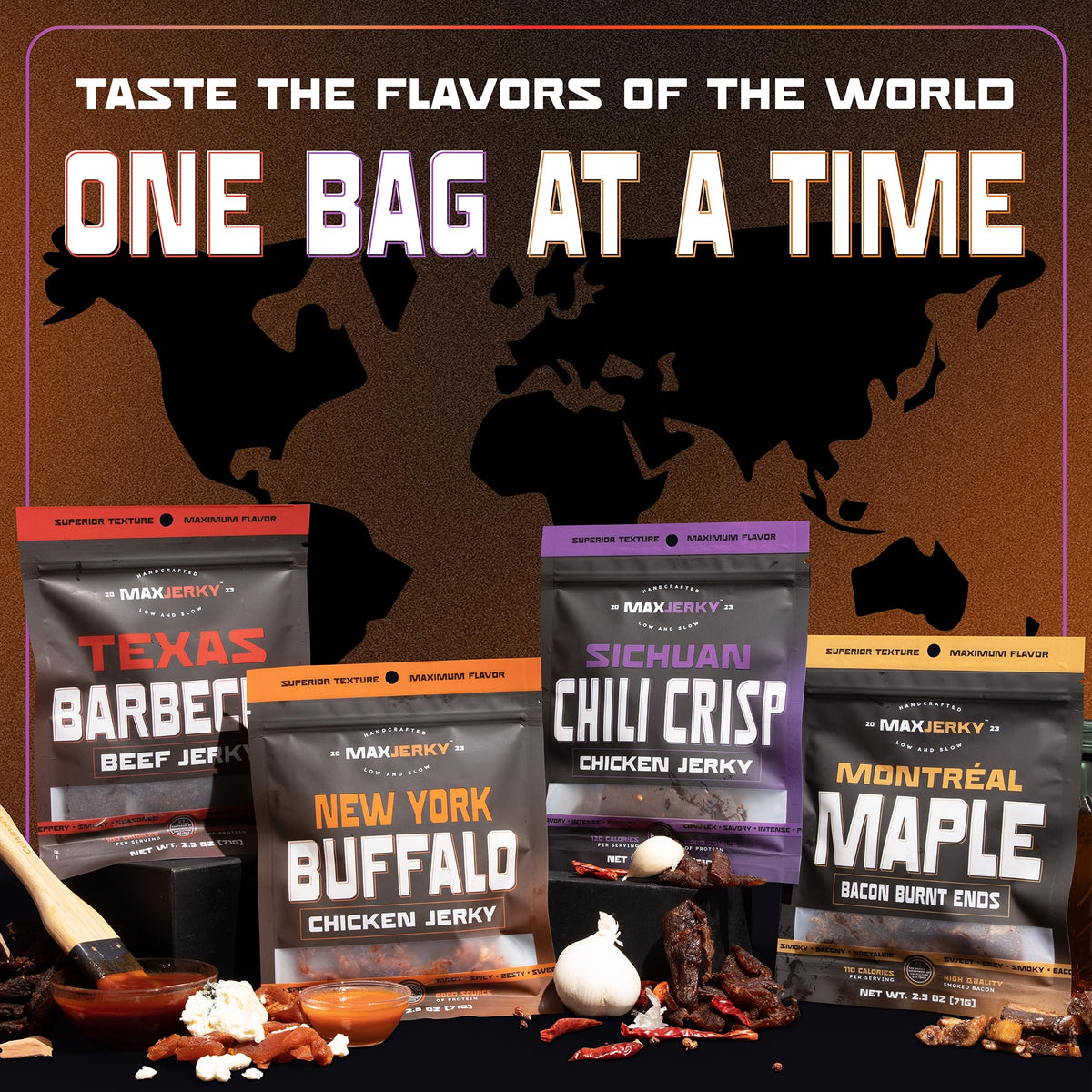 MaxJerky Jerky Variety Pack – Maple Bacon Burnt Ends, Texas BBQ Beef, NY Buffalo Chicken, Sichuan Chili Crisp Chicken