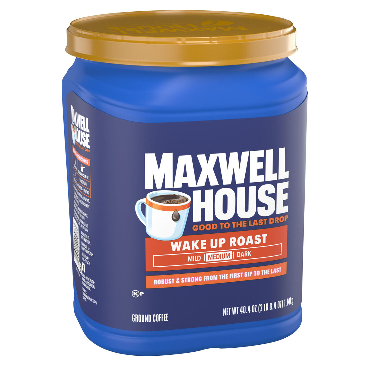 Maxwell House Ground Coffee Wake Up Roast — Medium Roast, Kosher, 40.4 oz Canister | Mornings & Afternoon Pick-Me-Ups