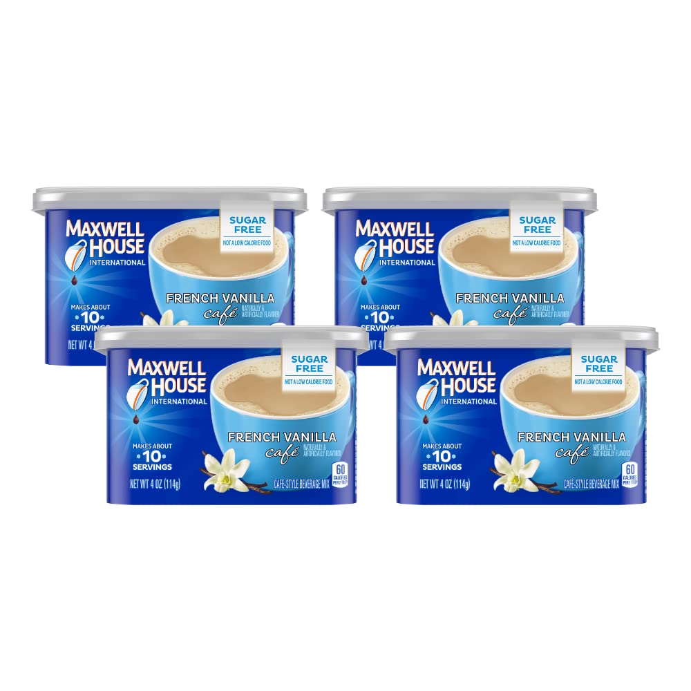 Maxwell House International French Vanilla Sugar Free Coffee Beverage Mix – Pack of 4, 4 oz Canisters