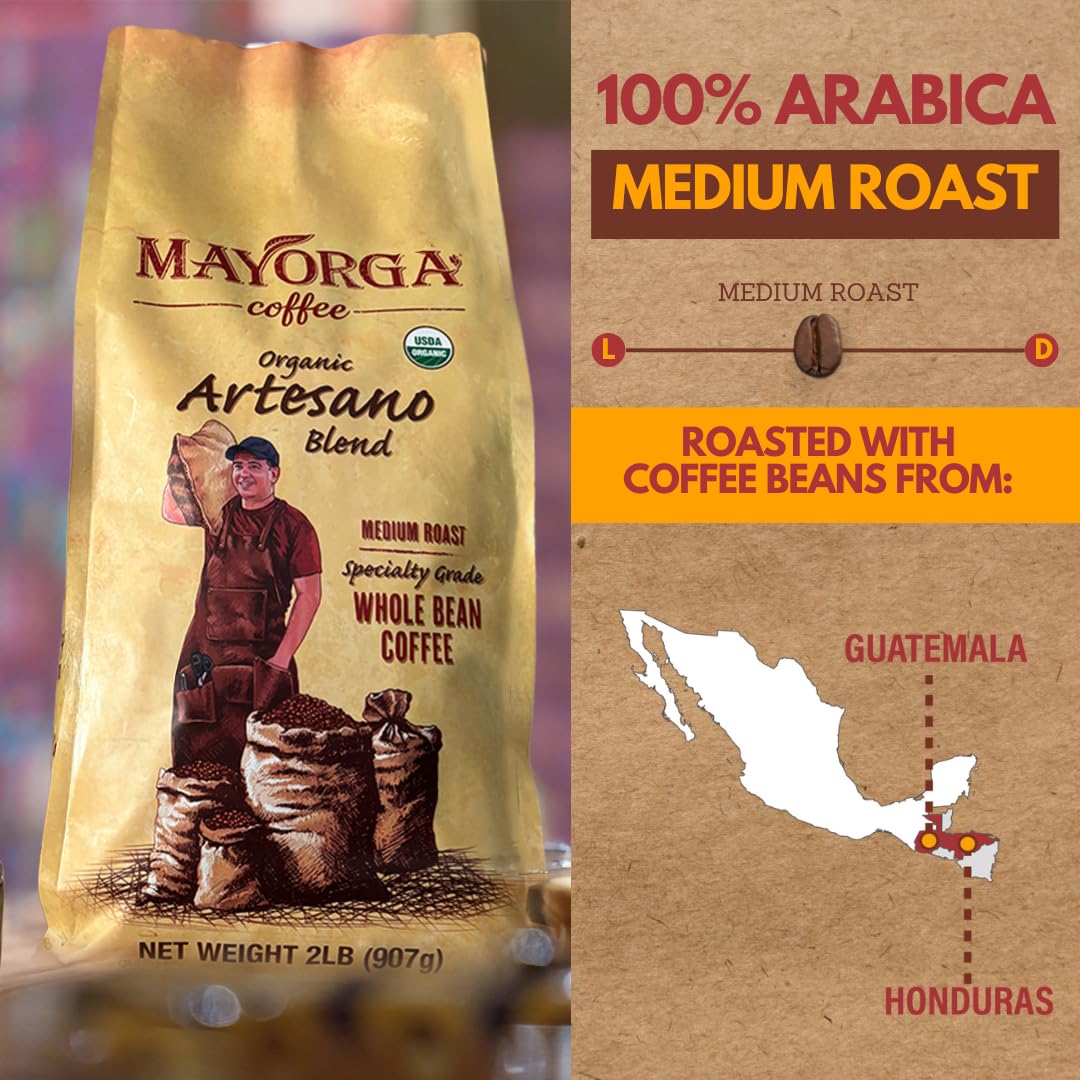 Mayorga Artesano Organic Coffee 2lb - Medium Roast Whole Bean, 100% Arabica, Slow Roasted