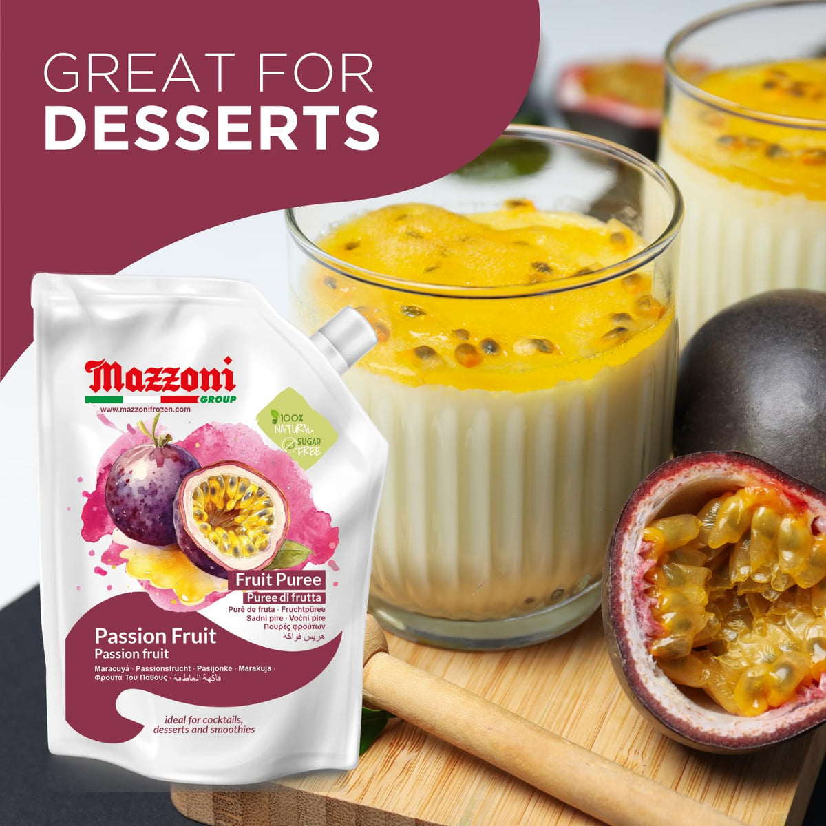Mazzoni Passion Fruit Juice Puree – 100% Maracuya, No Sugar Added, 2.2 lb Pouch (Made in Italy)