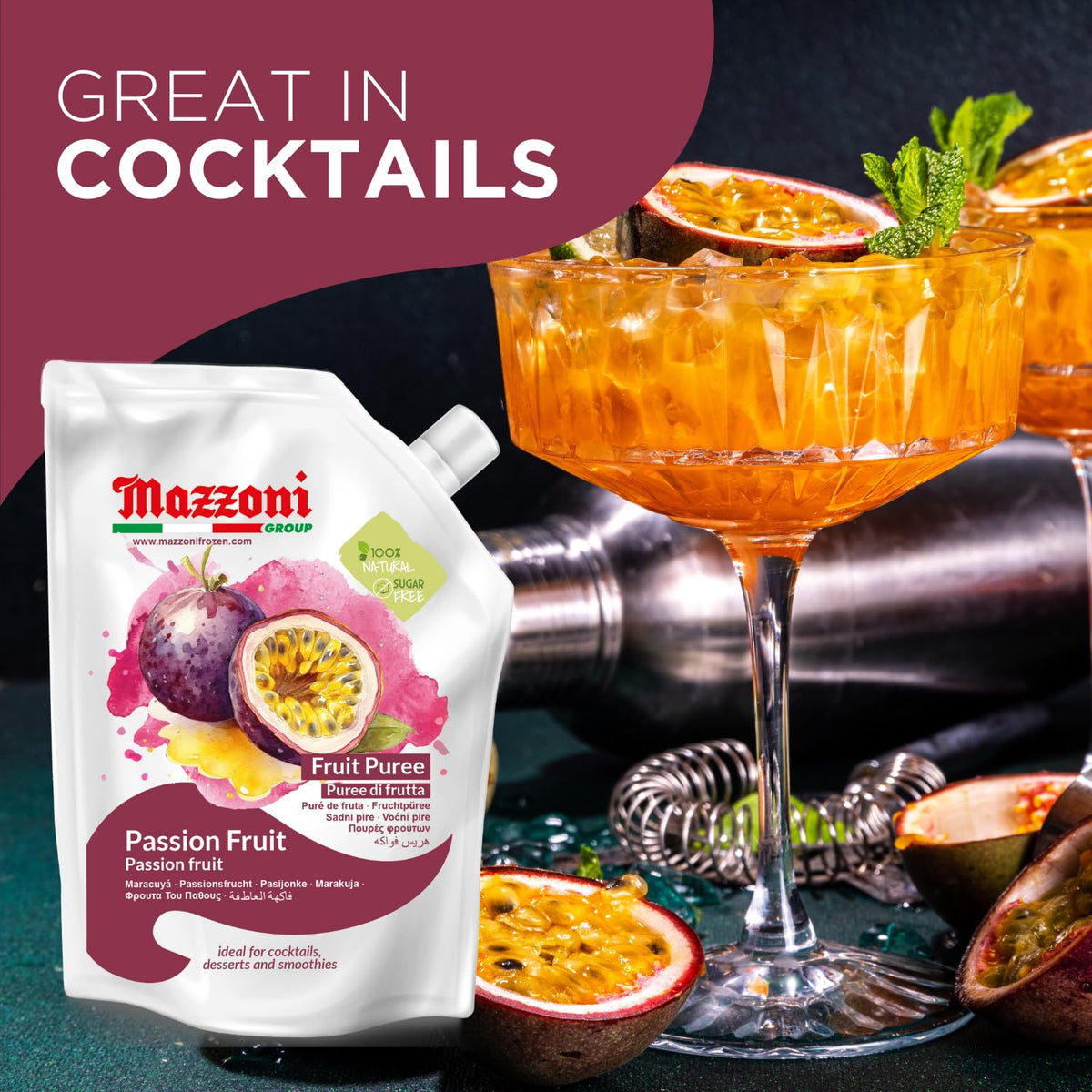 Mazzoni Passion Fruit Juice Puree – 100% Maracuya, No Sugar Added, 2.2 lb Pouch (Made in Italy)
