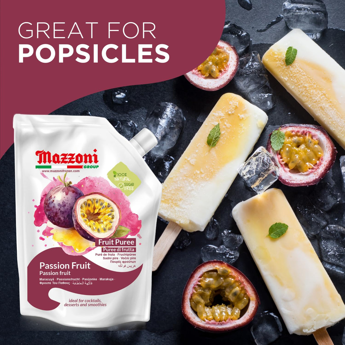 Mazzoni Passion Fruit Juice Puree – 100% Maracuya, No Sugar Added, 2.2 lb Pouch (Made in Italy)