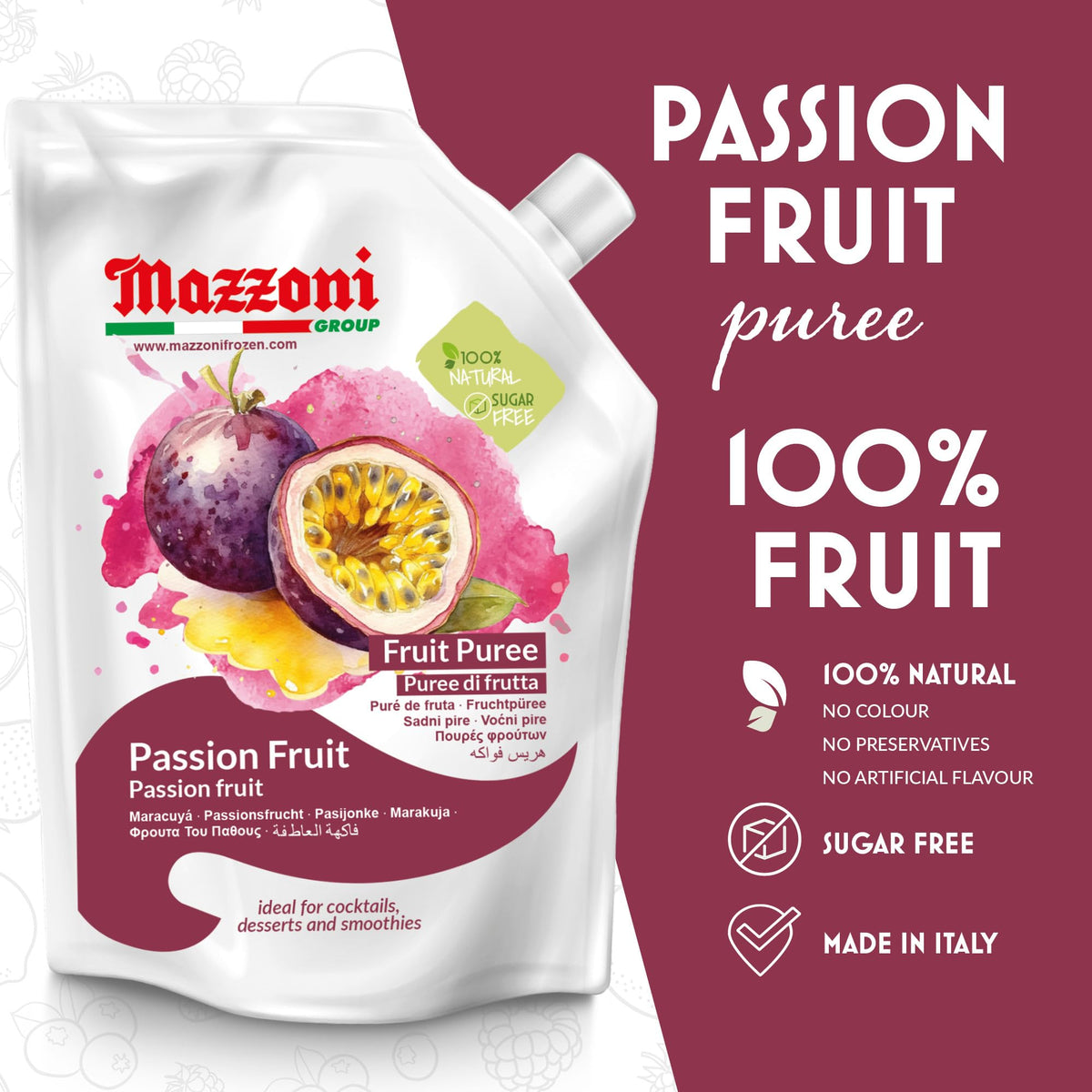 Mazzoni Passion Fruit Juice Puree – 100% Maracuya, No Sugar Added, 2.2 lb Pouch (Made in Italy)