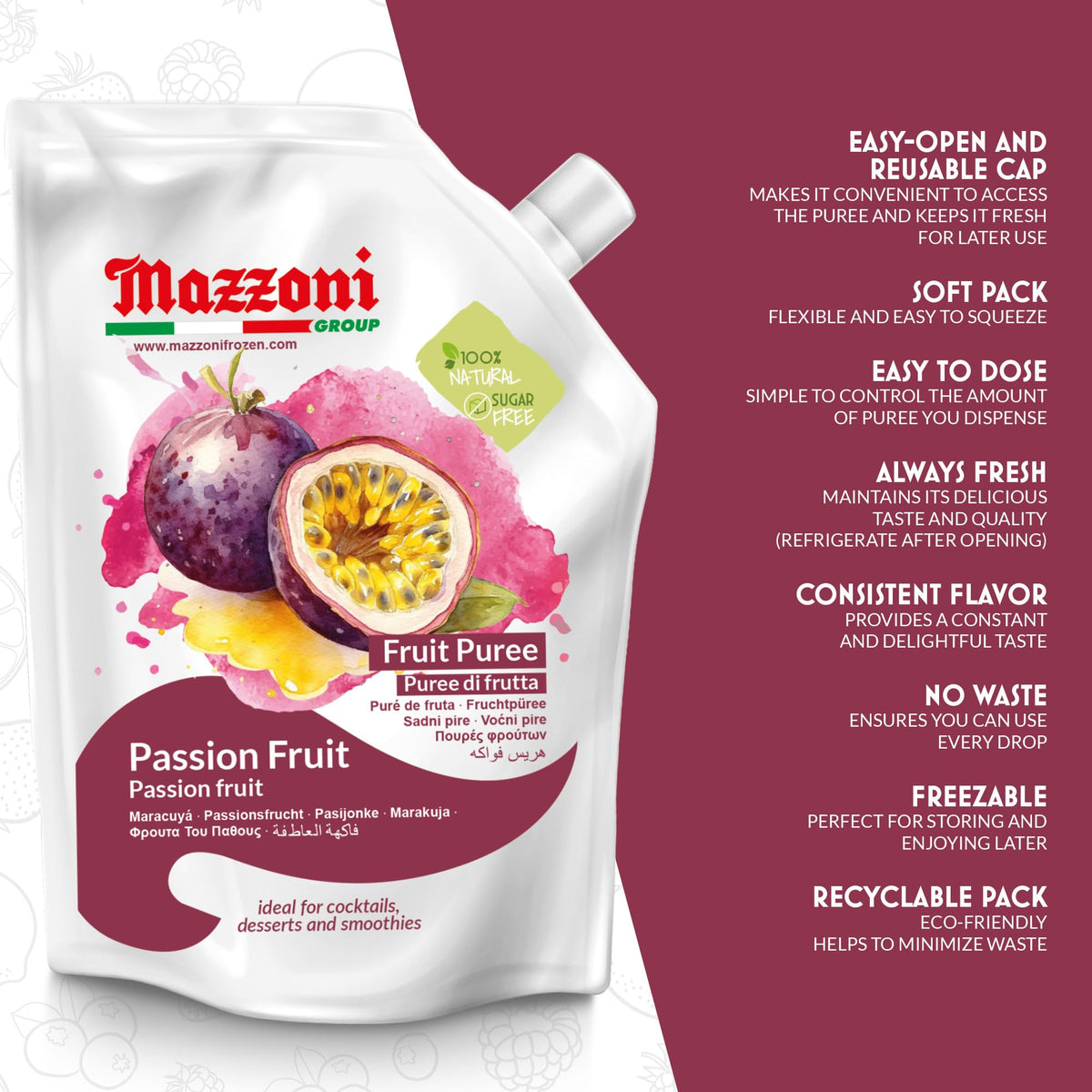 Mazzoni Passion Fruit Juice Puree – 100% Maracuya, No Sugar Added, 2.2 lb Pouch (Made in Italy)