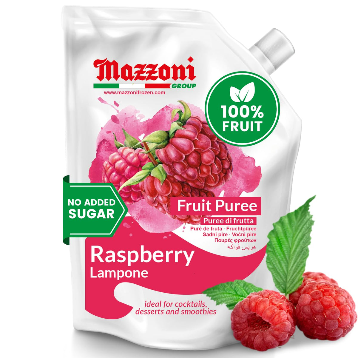 Mazzoni Raspberry Puree — 100% Raspberry, No Sugar Added, 2.2 lb Pouch | Made in Italy