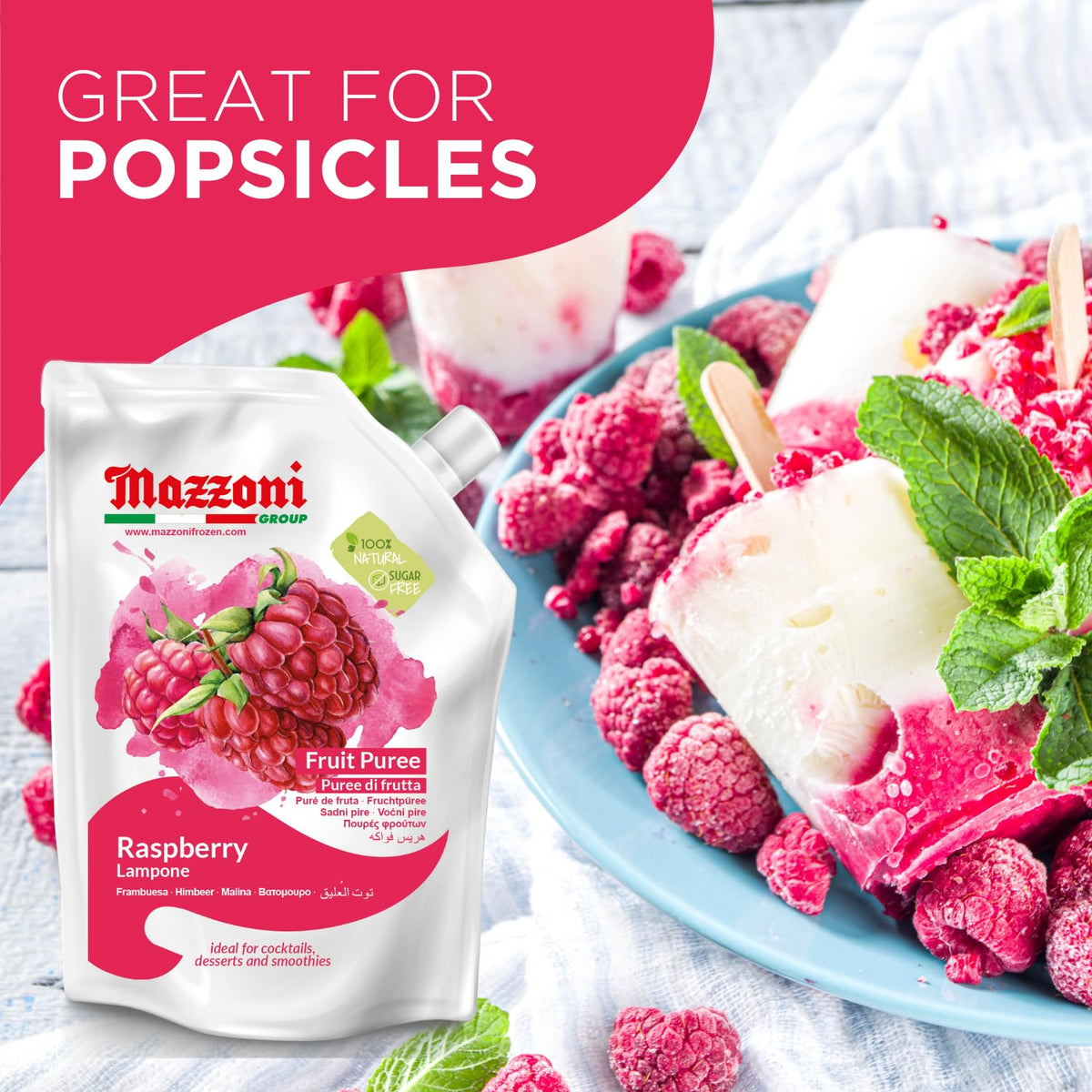 Mazzoni Raspberry Puree — 100% Raspberry, No Sugar Added, 2.2 lb Pouch | Made in Italy