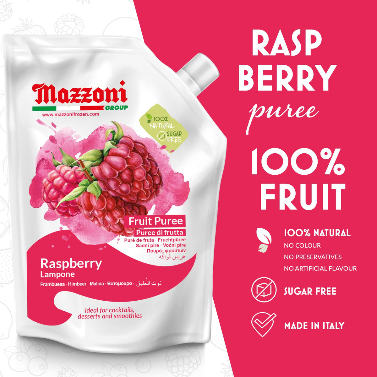 Mazzoni Raspberry Puree — 100% Raspberry, No Sugar Added, 2.2 lb Pouch | Made in Italy