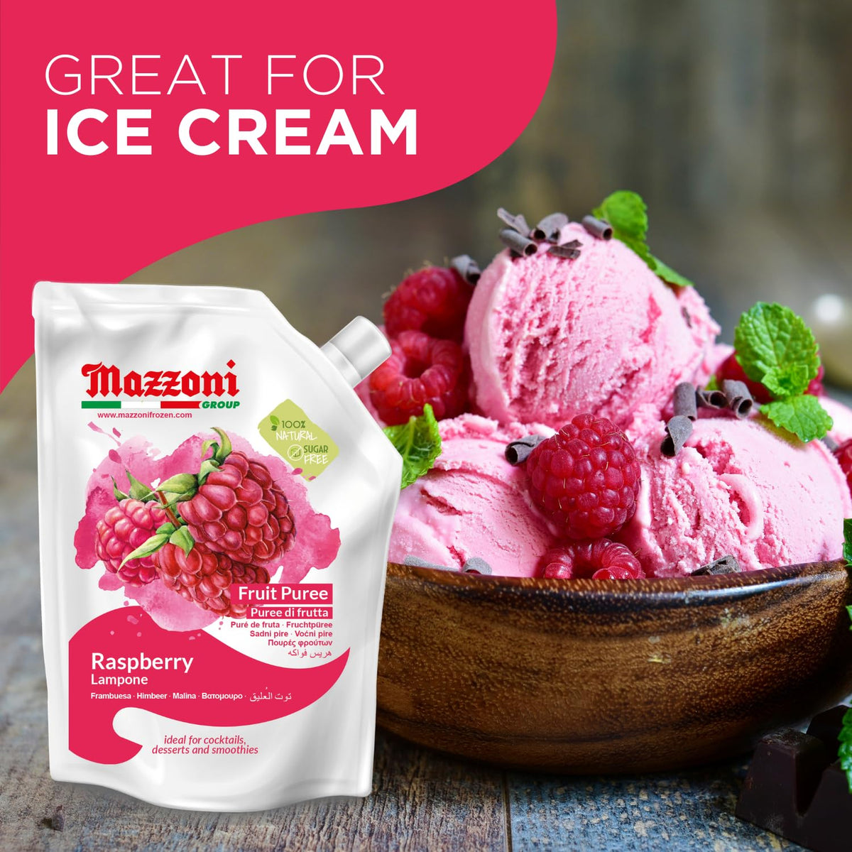 Mazzoni Raspberry Puree — 100% Raspberry, No Sugar Added, 2.2 lb Pouch | Made in Italy