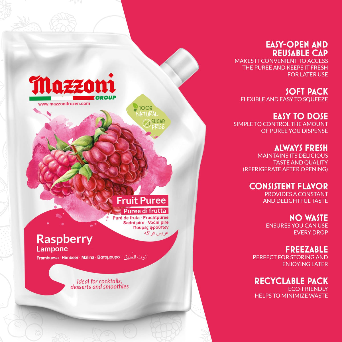 Mazzoni Raspberry Puree — 100% Raspberry, No Sugar Added, 2.2 lb Pouch | Made in Italy