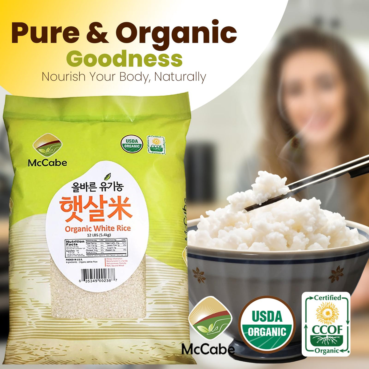 McCabe Organic White Rice – Korean White Rice | USDA & CCOF Certified | 12 Lbs USA
