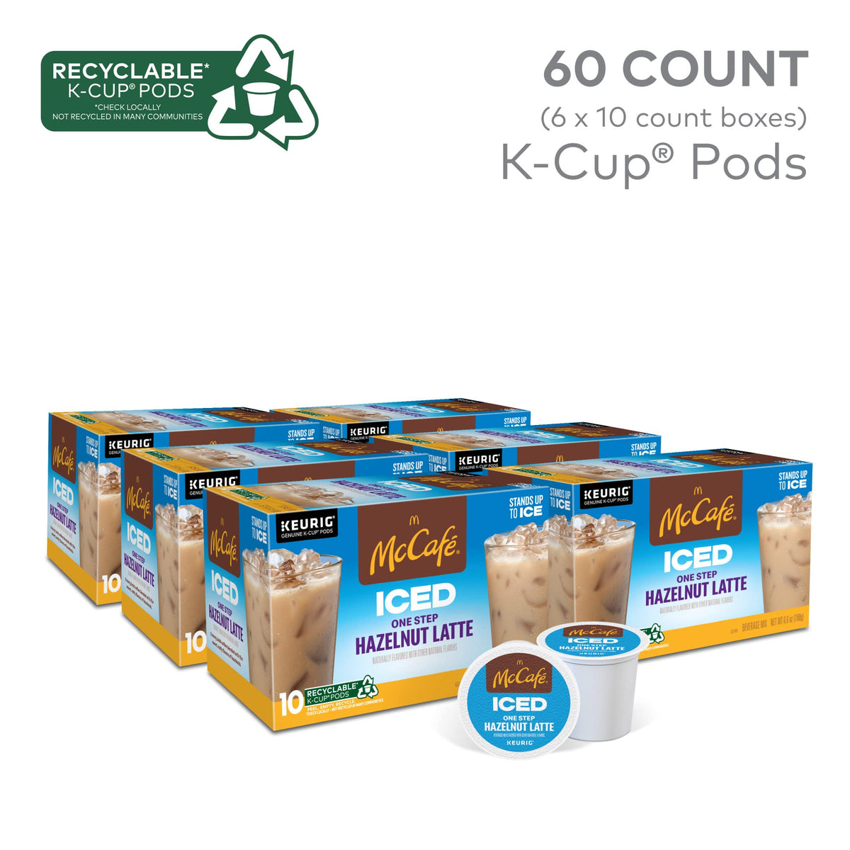 McCafe ICED One Step Hazelnut Latte K-Cup Pods — 60 Count (6 Packs of 10), Keurig Compatible