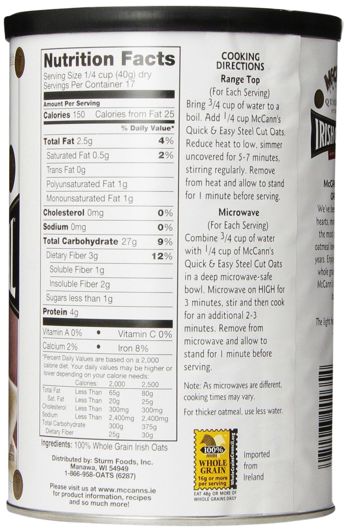 McCann’s Irish Steel Cut Oatmeal — Quick 5-Minute Oats, Pack of 6 (24 oz each)