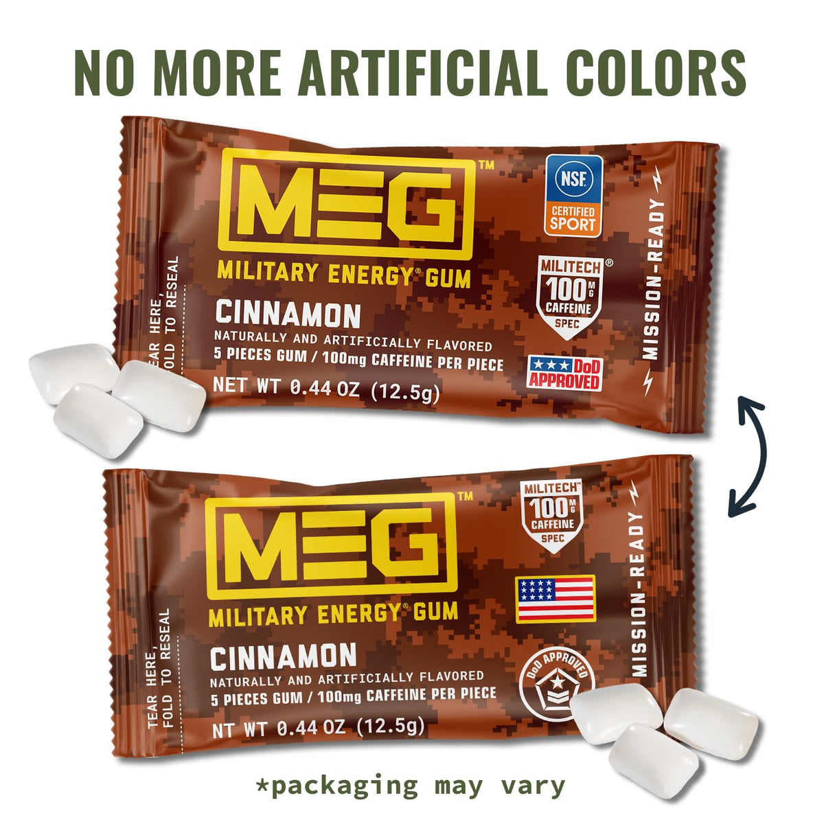 MEG Cinnamon Military Energy Gum – 100 mg Caffeine per Piece | NSF for Sport Certified | Pack of 18