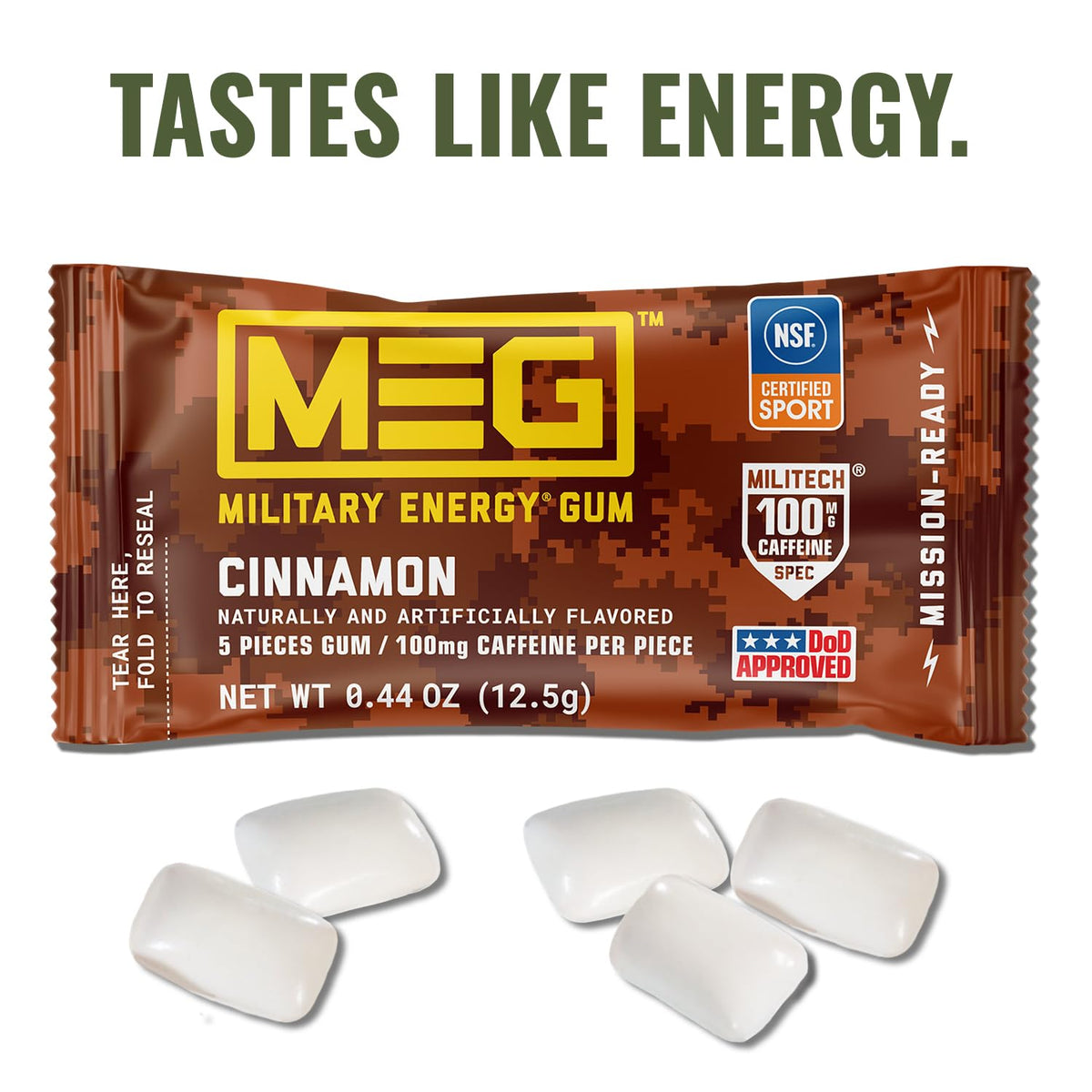 MEG Cinnamon Military Energy Gum – 100 mg Caffeine per Piece | NSF for Sport Certified | Pack of 18