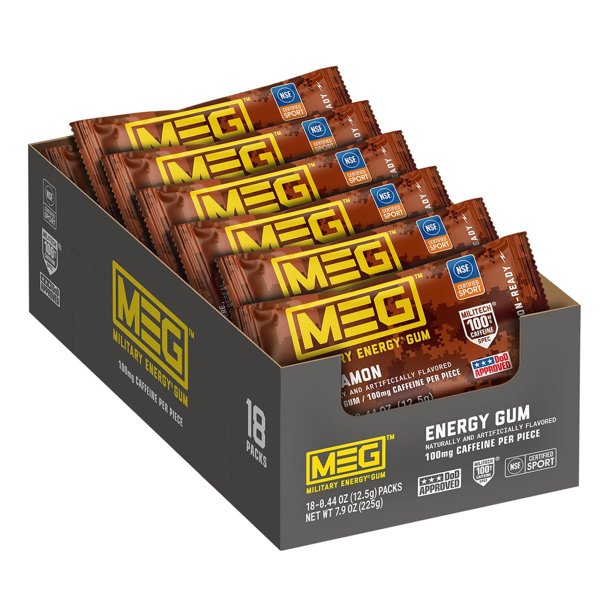 MEG Cinnamon Military Energy Gum – 100 mg Caffeine per Piece | NSF for Sport Certified | Pack of 18