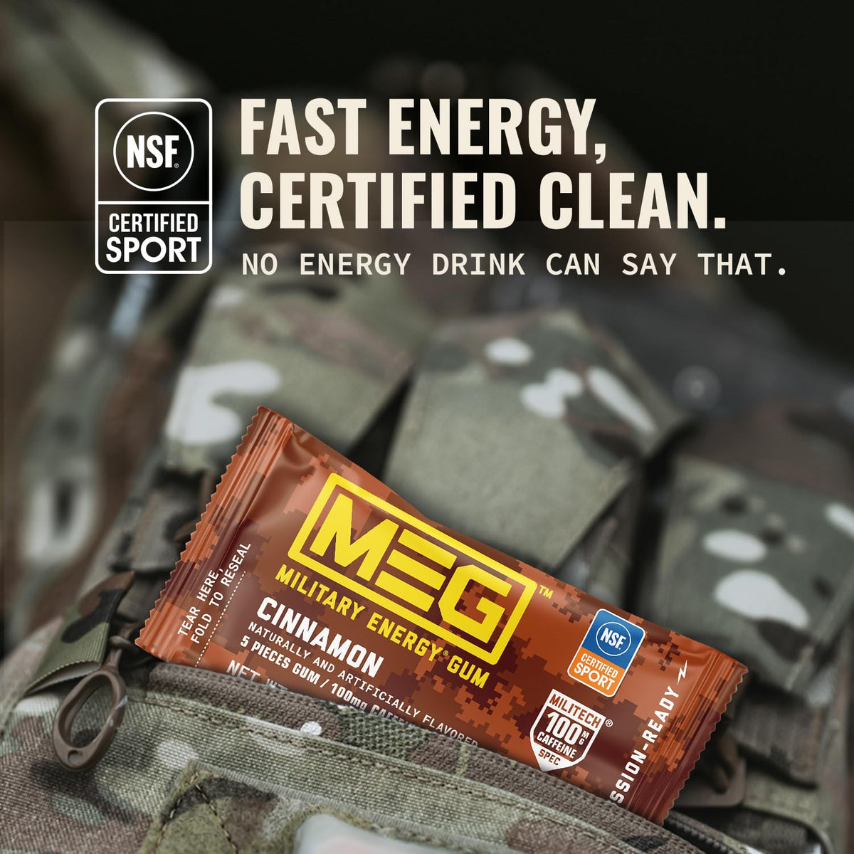 MEG Cinnamon Military Energy Gum – 100 mg Caffeine per Piece | NSF for Sport Certified | Pack of 18