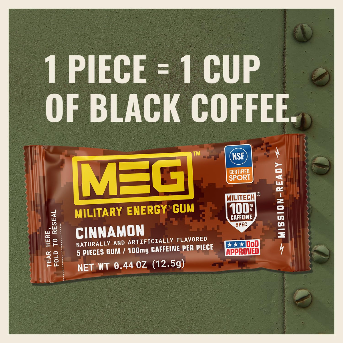 MEG Cinnamon Military Energy Gum – 100 mg Caffeine per Piece | NSF for Sport Certified | Pack of 18