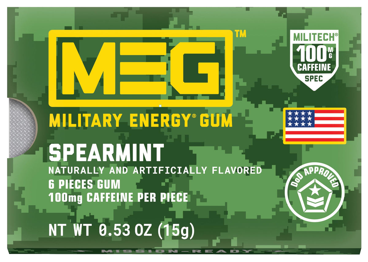 MEG Military Energy Gum - Spearmint | 100 mg Caffeine per Piece | Fast-Acting Energy | 12 Packs