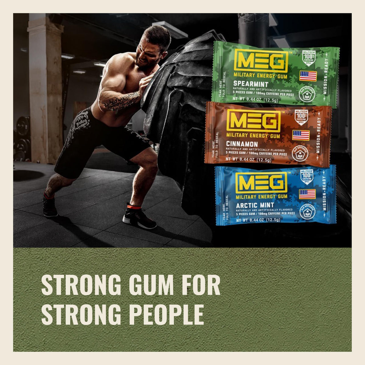 MEG Military Energy Gum Spearmint – 100 mg Caffeine per Piece | NSF for Sport Certified | Pack of 18