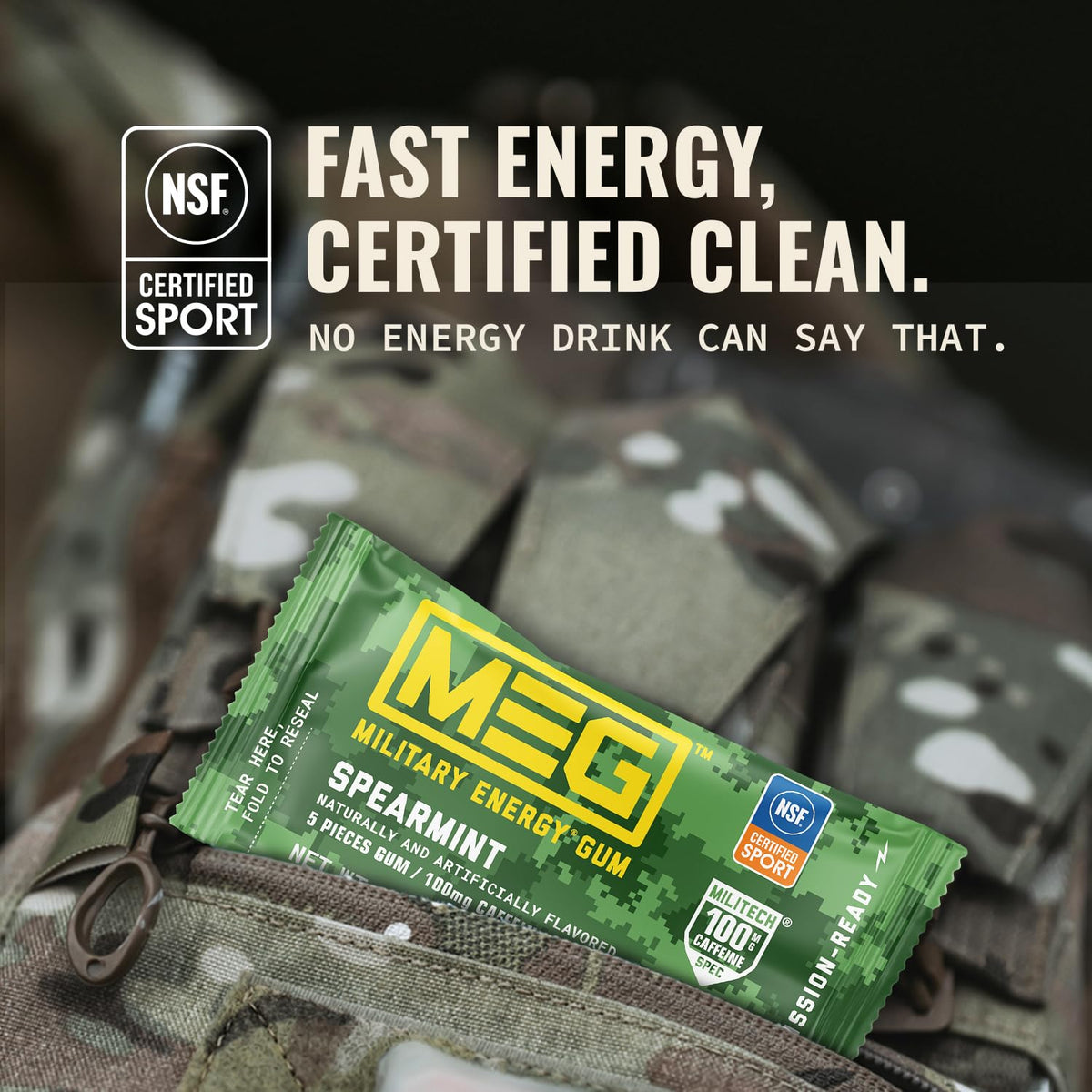 MEG Military Energy Gum Spearmint – 100 mg Caffeine per Piece | NSF for Sport Certified | Pack of 18