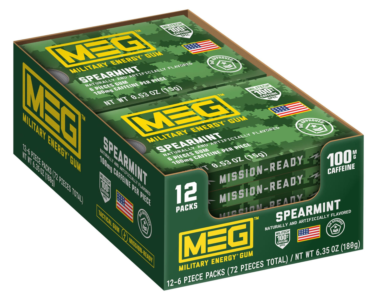 MEG Military Energy Gum - Spearmint | 100 mg Caffeine per Piece | Fast-Acting Energy | 12 Packs