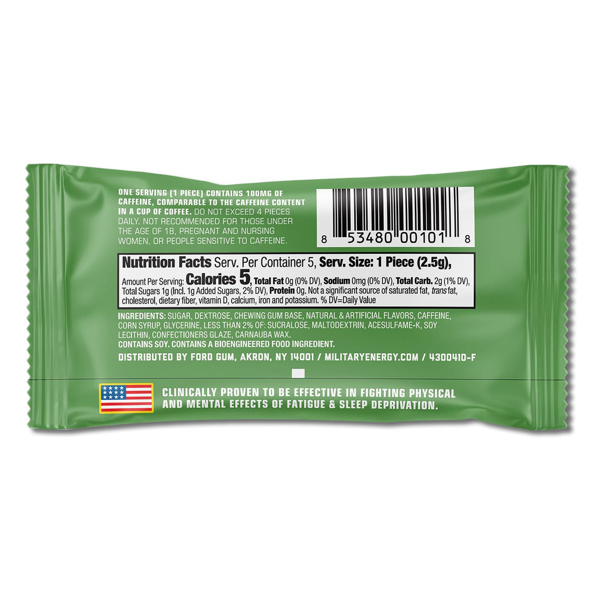 MEG Military Energy Gum Spearmint – 100 mg Caffeine per Piece | NSF for Sport Certified | Pack of 18