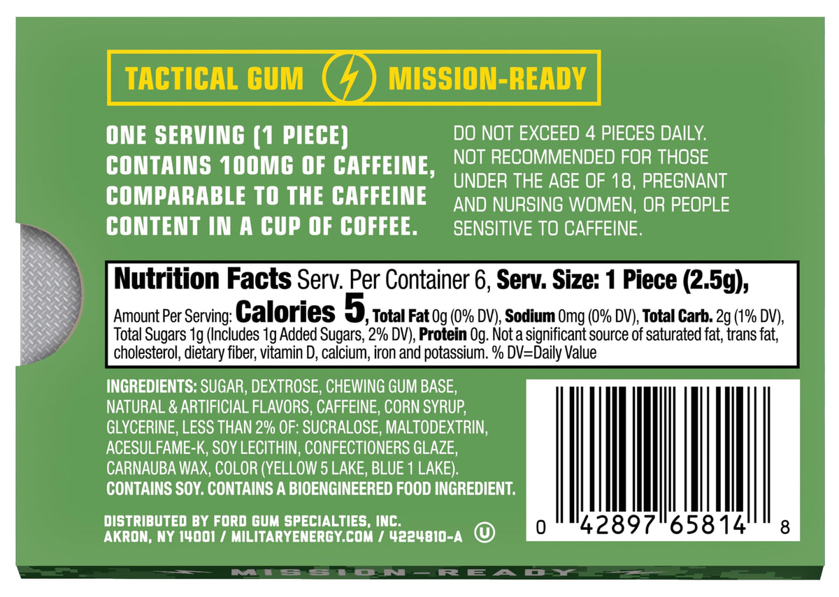 MEG Military Energy Gum - Spearmint | 100 mg Caffeine per Piece | Fast-Acting Energy | 12 Packs