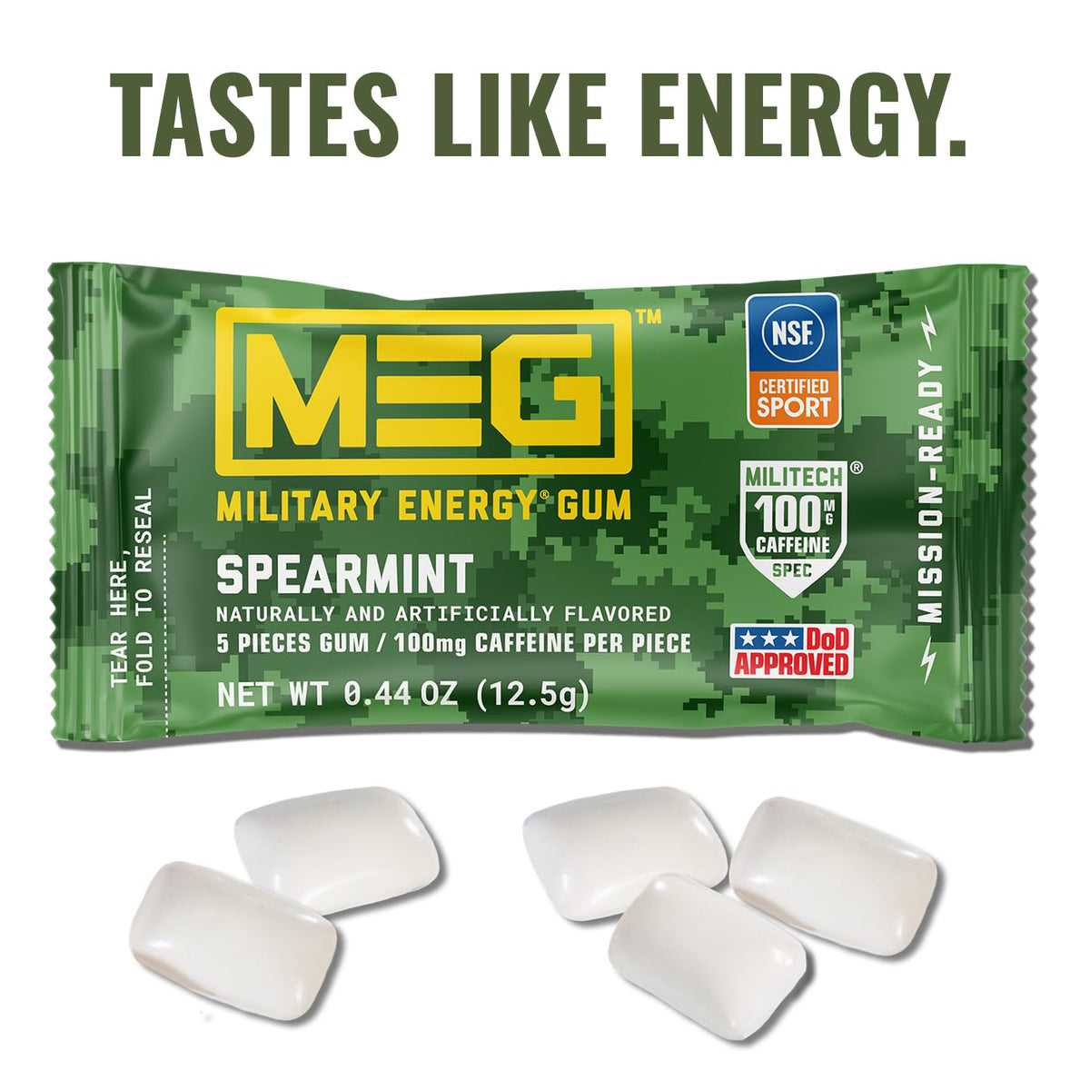 MEG Military Energy Gum Spearmint – 100 mg Caffeine per Piece | NSF for Sport Certified | Pack of 18