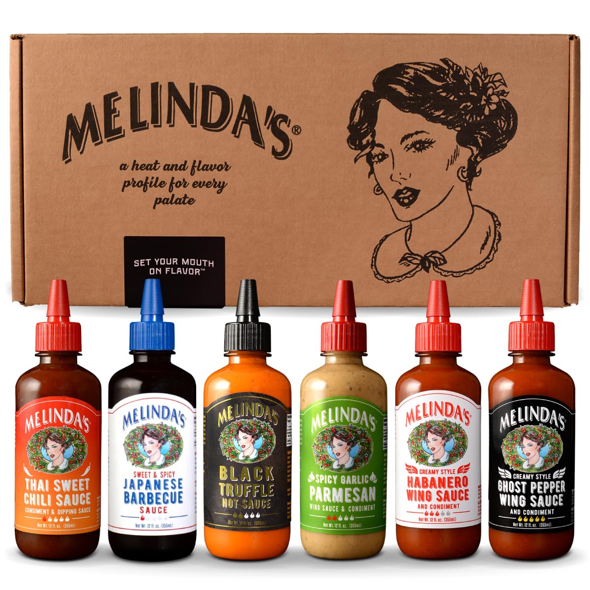 Melinda’s Craft Wing Collection – 6-Pack Wing Sauce Gift Set (12 oz) – Black Truffle, Ghost Pepper & More