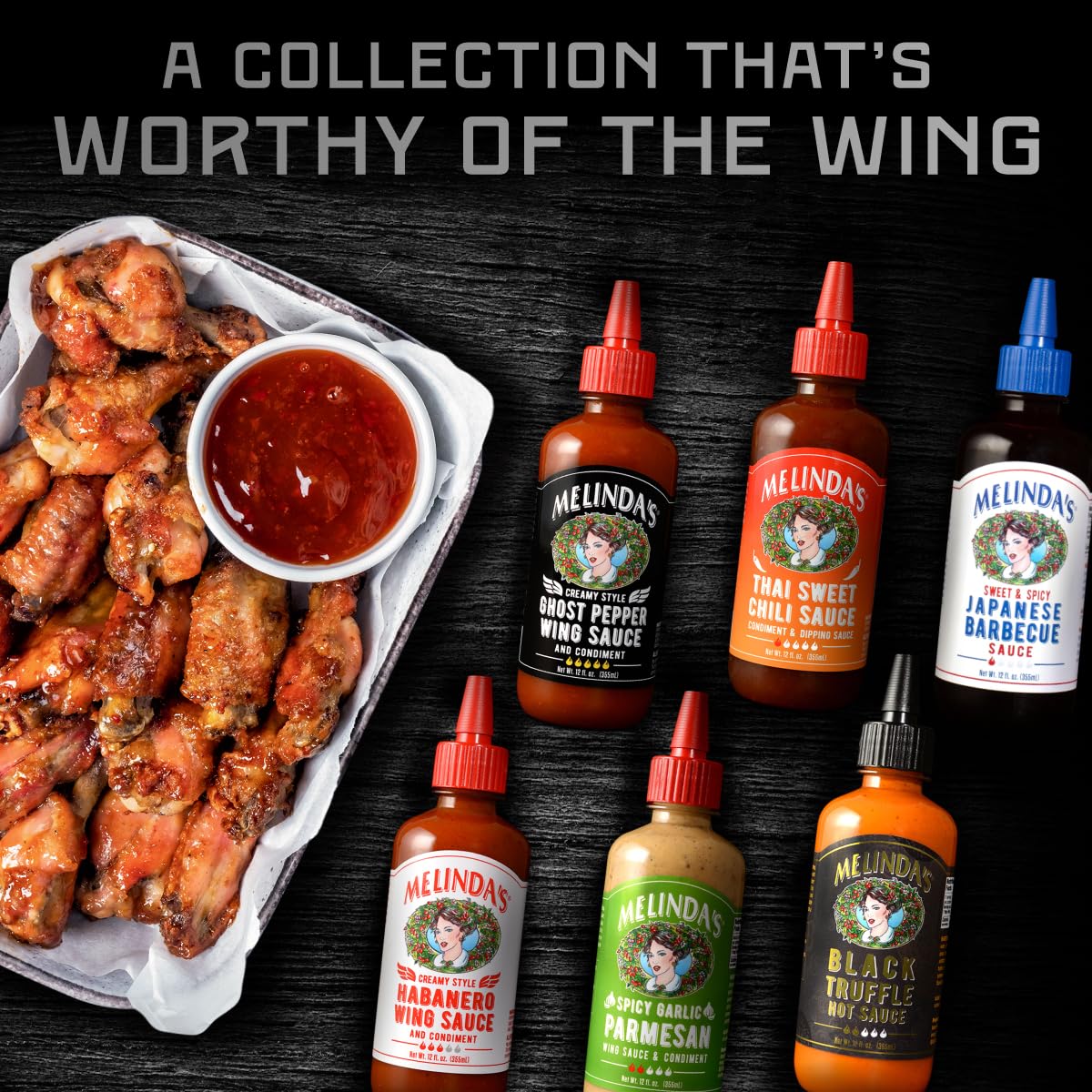 Melinda’s Craft Wing Collection – 6-Pack Wing Sauce Gift Set (12 oz) – Black Truffle, Ghost Pepper & More