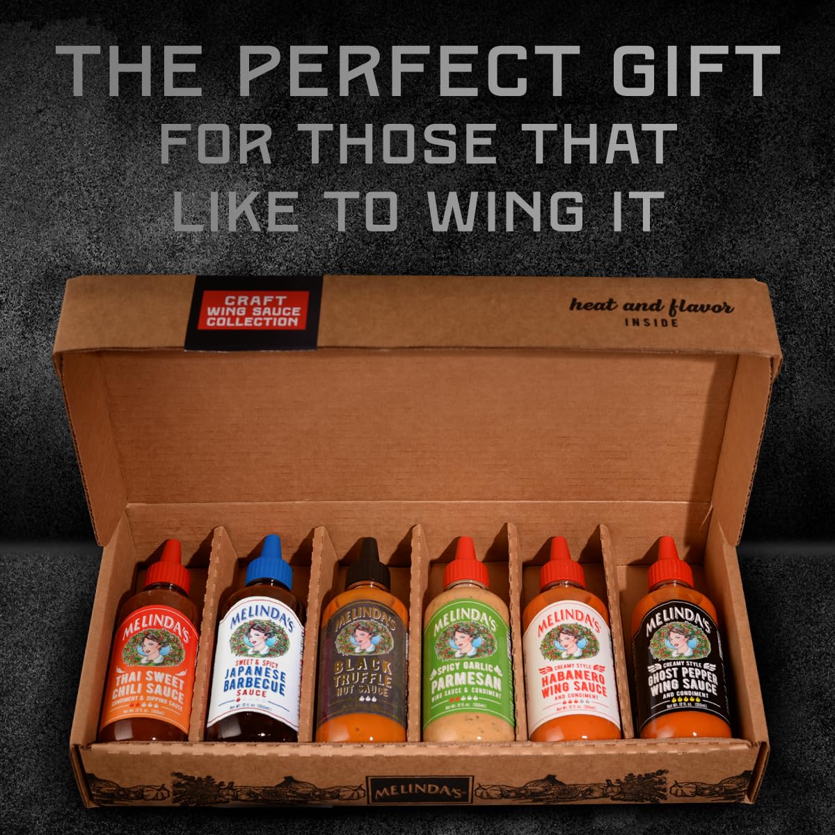 Melinda’s Craft Wing Collection – 6-Pack Wing Sauce Gift Set (12 oz) – Black Truffle, Ghost Pepper & More