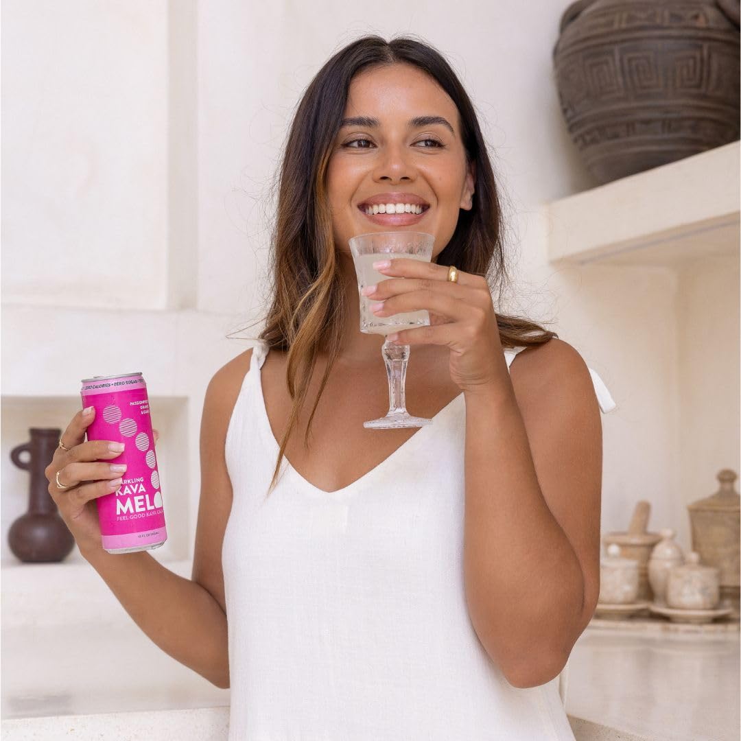 Melo Sparkling Kava Drink – Passionfruit Orange & Guava, Non-Alcoholic, Sugar Free, Zero-Calorie, 12 Pack, 12 oz Cans